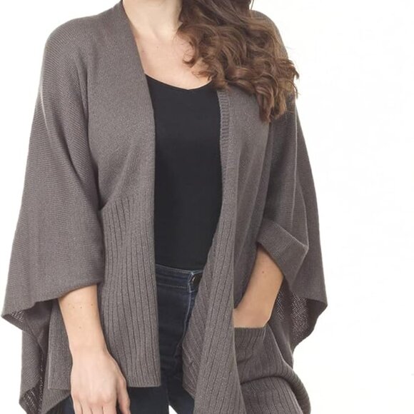 Slate Knitted Poncho Cape with Pockets - Picture 1 of 3